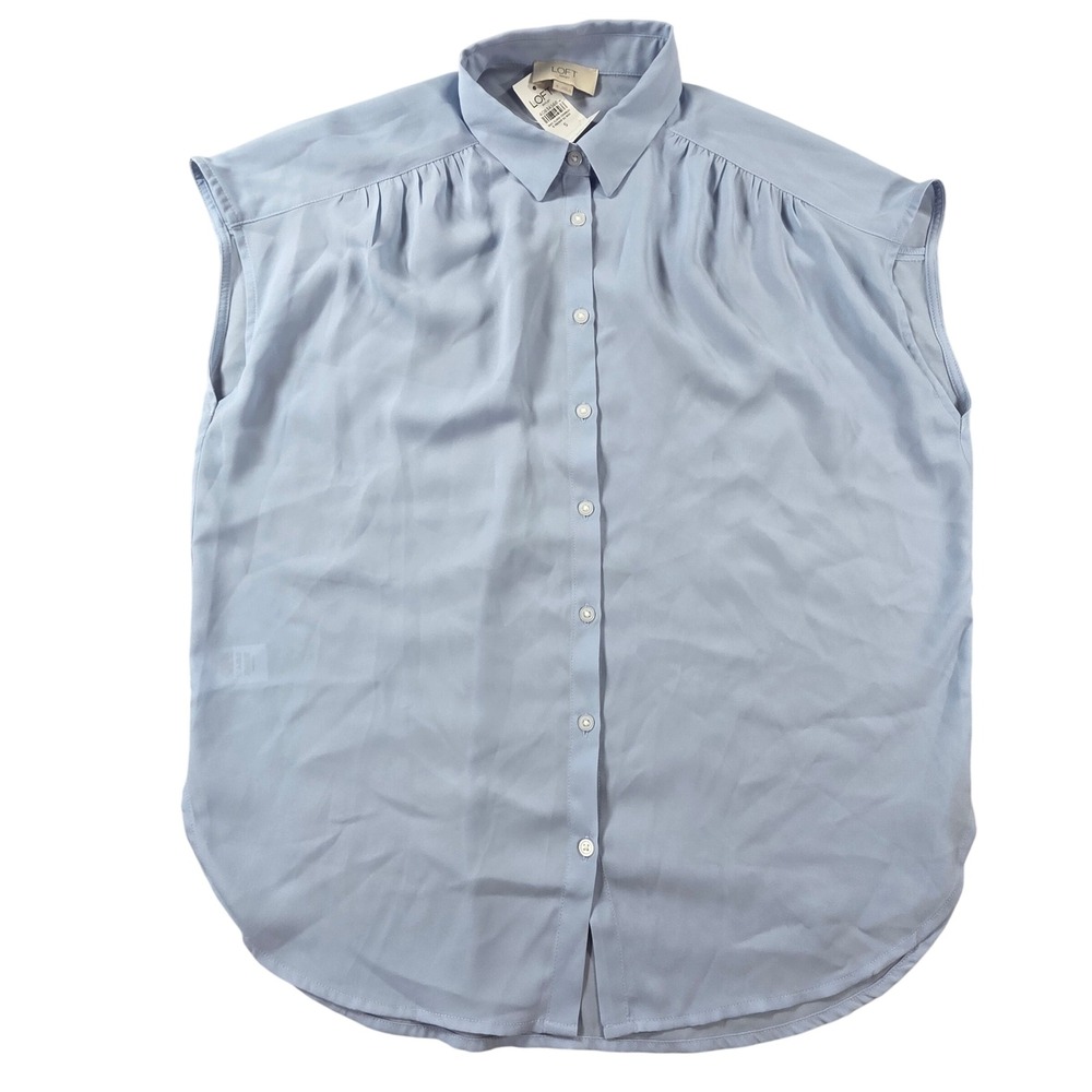 LOFT Outlet Sleeveless Button Down Shirred Blouse Blue Sm Career Ethereal Office